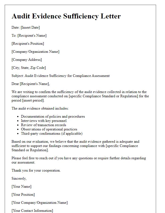 Letter template of audit evidence sufficiency for compliance assessment.