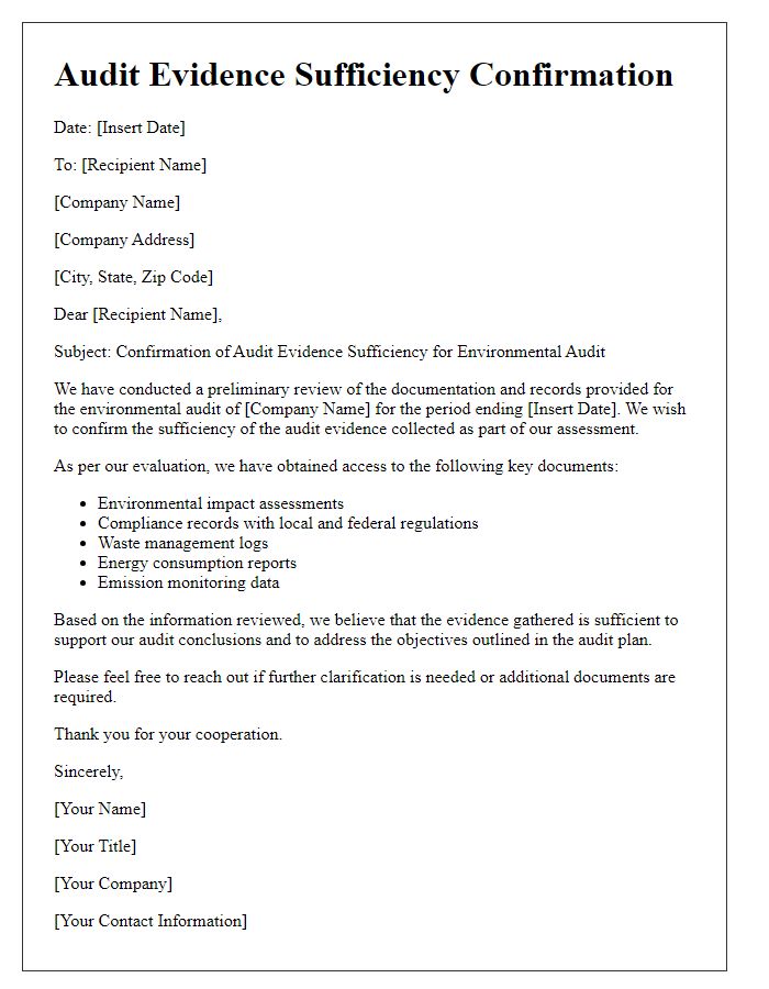 Letter template of audit evidence sufficiency for environmental audit.