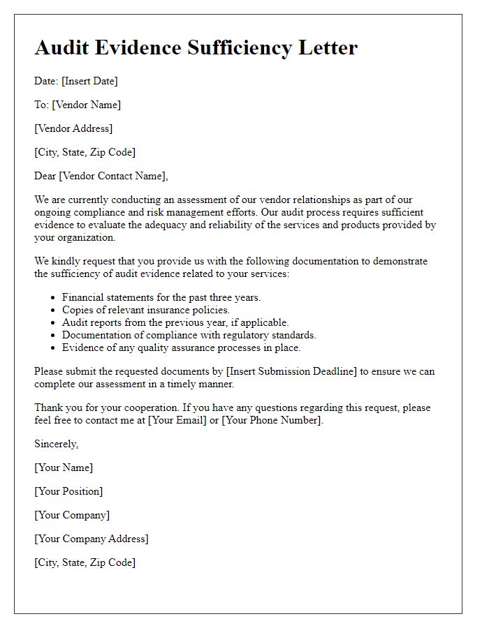 Letter template of audit evidence sufficiency for vendor assessment.