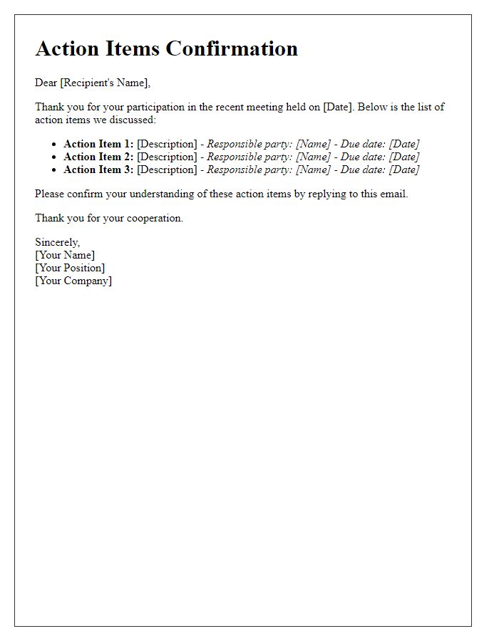 Letter template of action items confirmation
