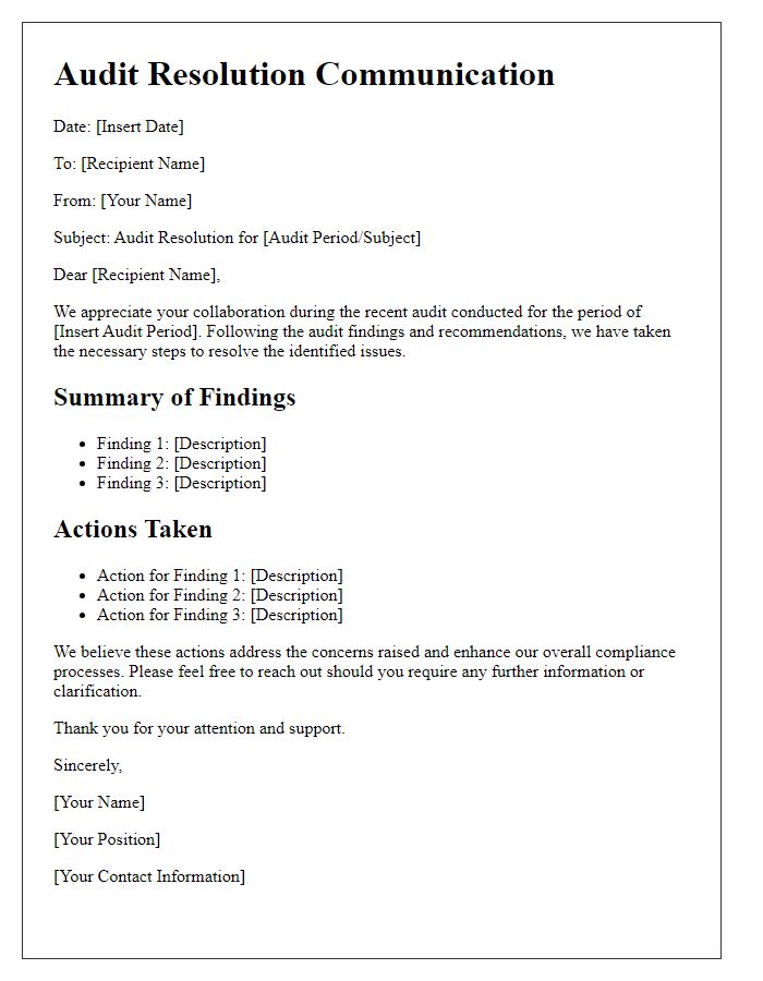 Letter template of audit resolution communication