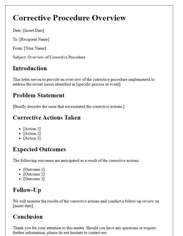 Letter template of corrective procedure overview