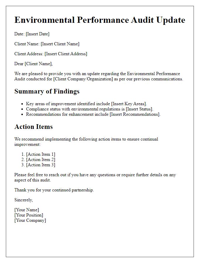 Letter template of Environmental Performance Audit Update for Clients