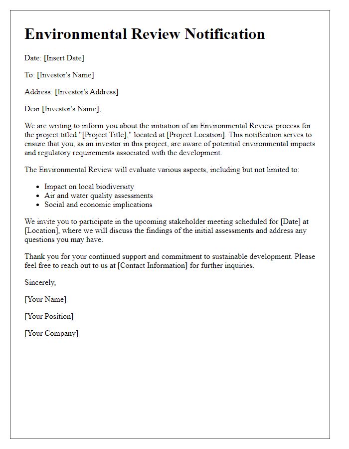 Letter template of Environmental Review Notification for Investors