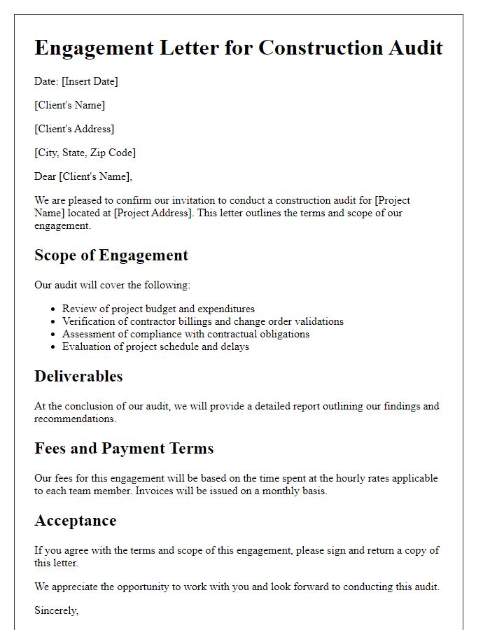 Letter template of construction audit engagement letter.