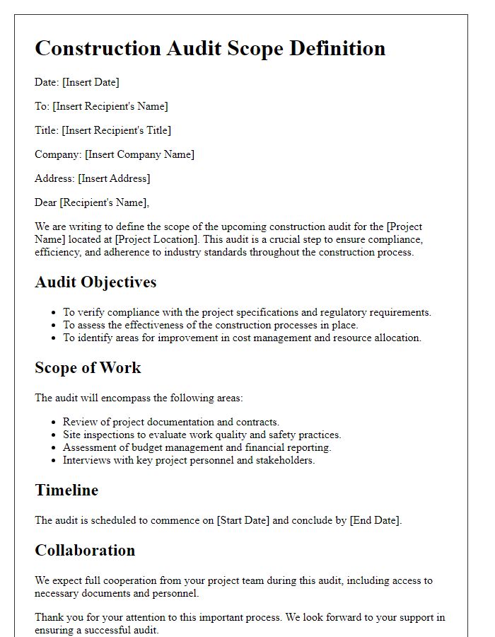 Letter template of construction audit scope definition.