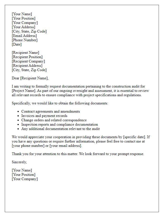 Letter template of request for construction audit documentation.