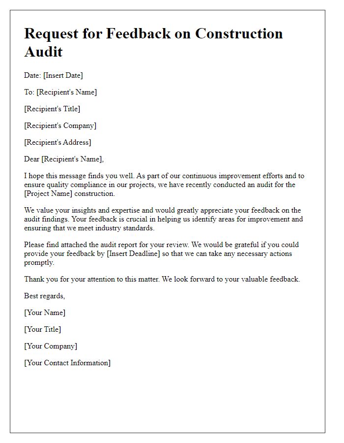 Letter template of request for construction audit feedback.