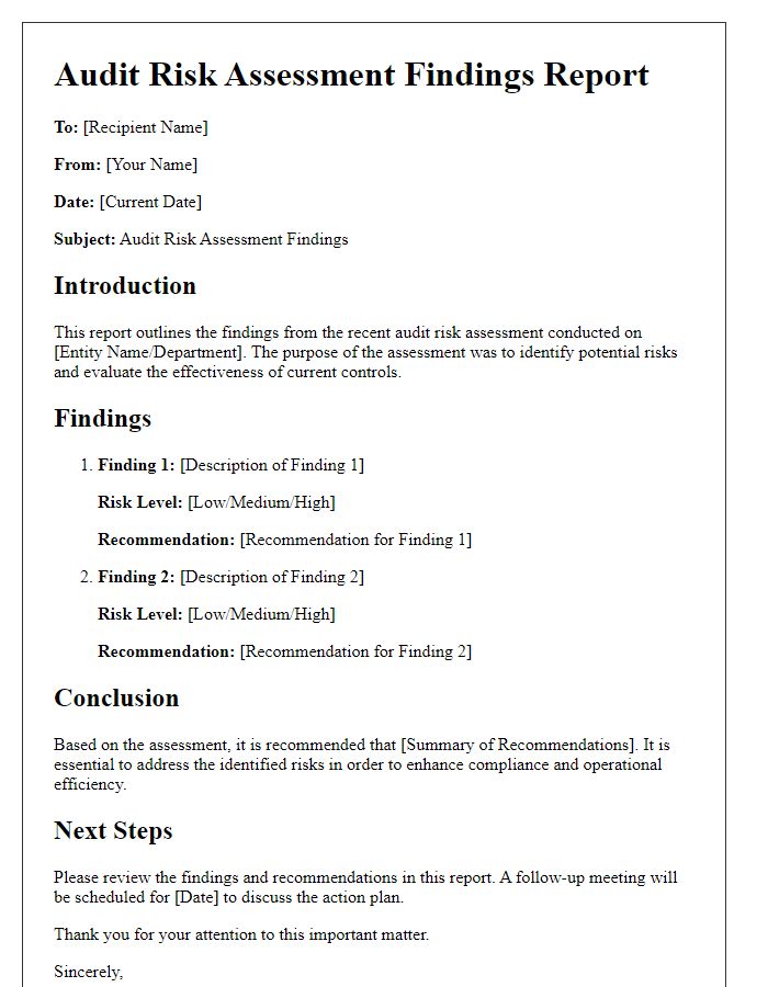 Letter template of Audit Risk Assessment Findings Report