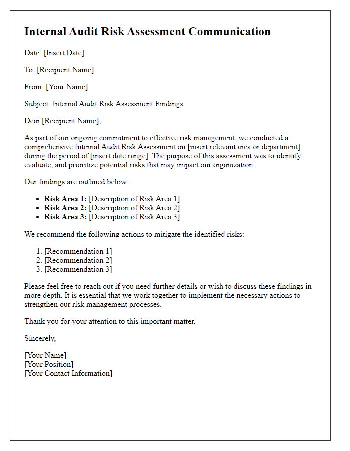 Letter template of Internal Audit Risk Assessment Communication