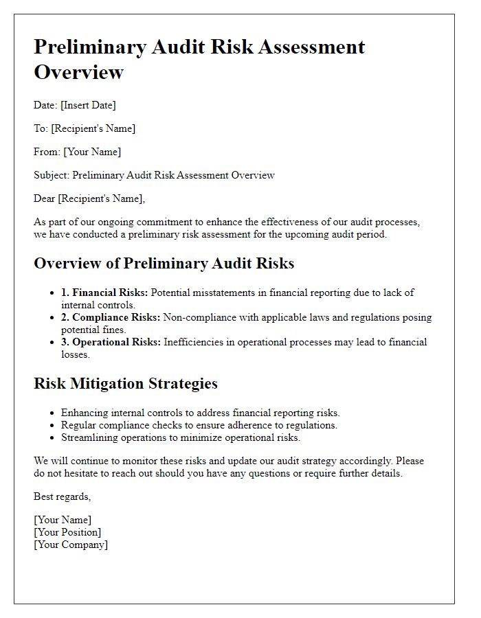 Letter template of Preliminary Audit Risk Assessment Overview