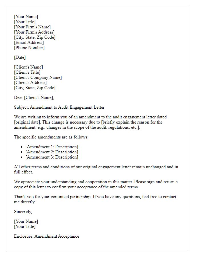 Letter template of audit engagement letter amendment