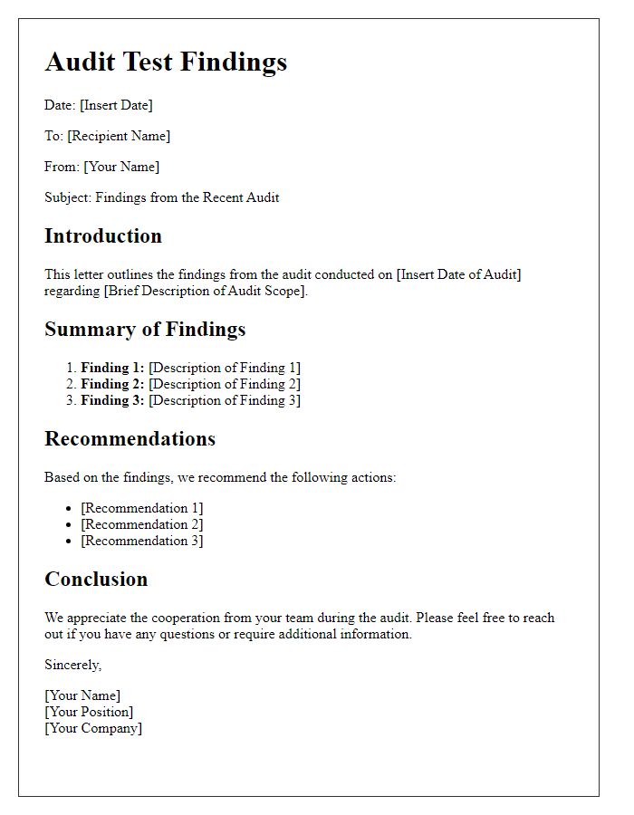 Letter template of audit test findings