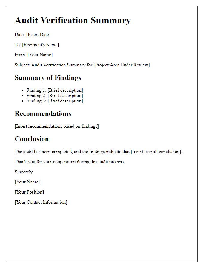 Letter template of audit verification summary