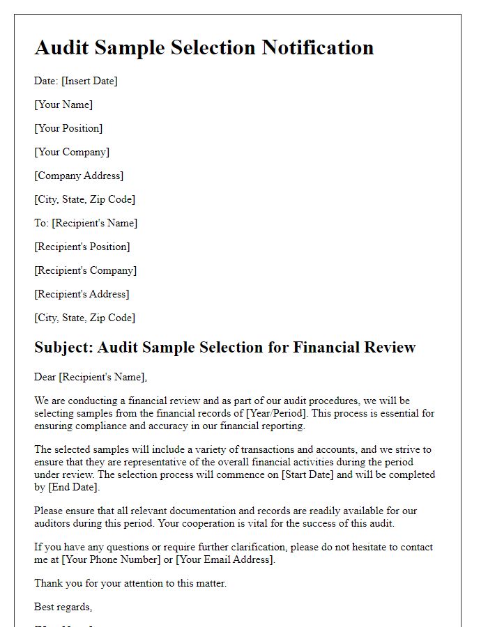 Letter template of audit sample selection for financial review