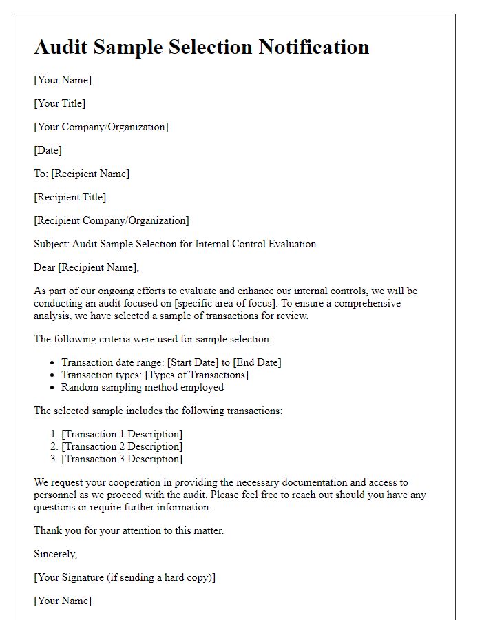 Letter template of audit sample selection for internal control evaluation