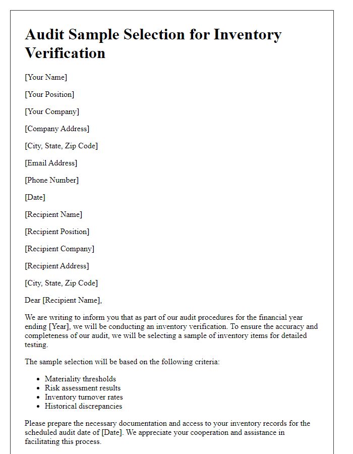 Letter template of audit sample selection for inventory verification