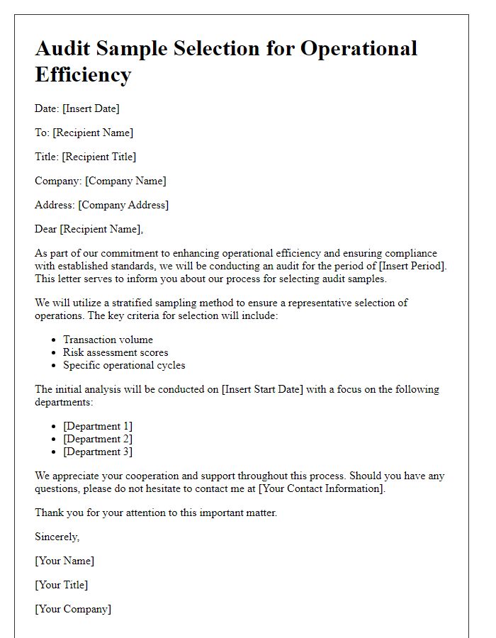 Letter template of audit sample selection for operational efficiency