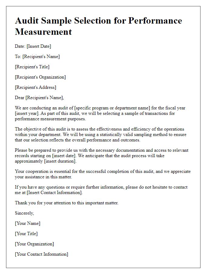 Letter template of audit sample selection for performance measurement