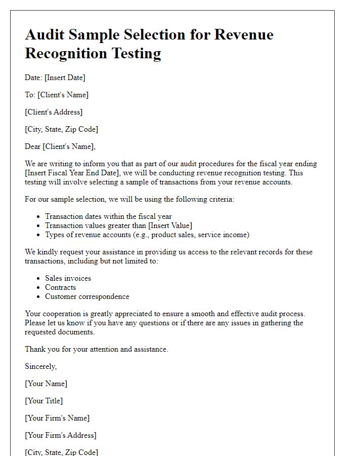 Letter template of audit sample selection for revenue recognition testing