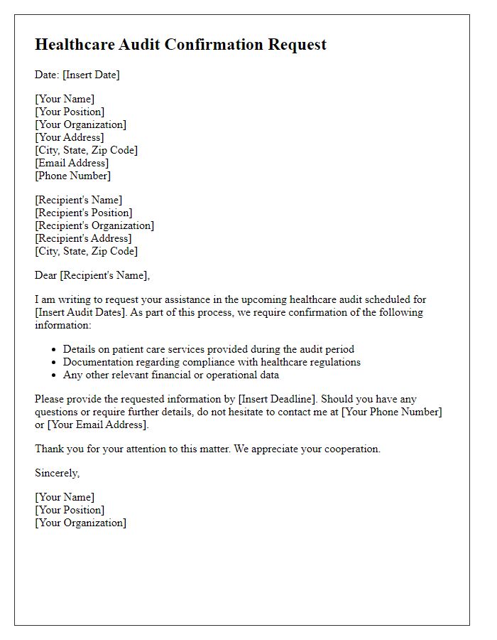 Letter template of healthcare audit confirmation request