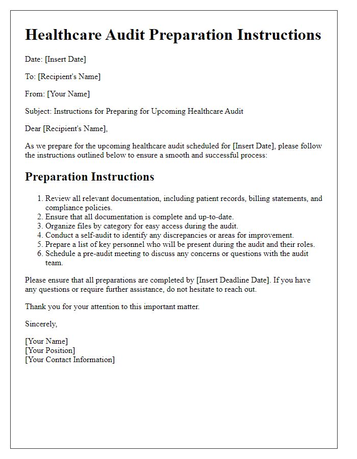 Letter template of healthcare audit preparation instructions