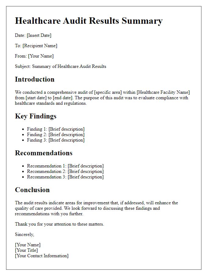 Letter template of healthcare audit results summary