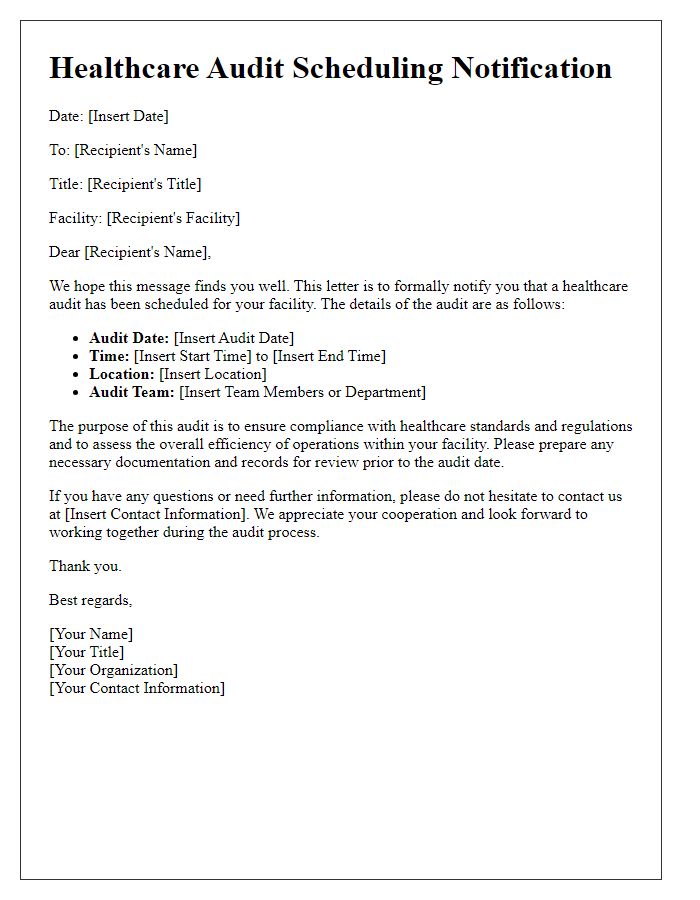 Letter template of healthcare audit scheduling notification