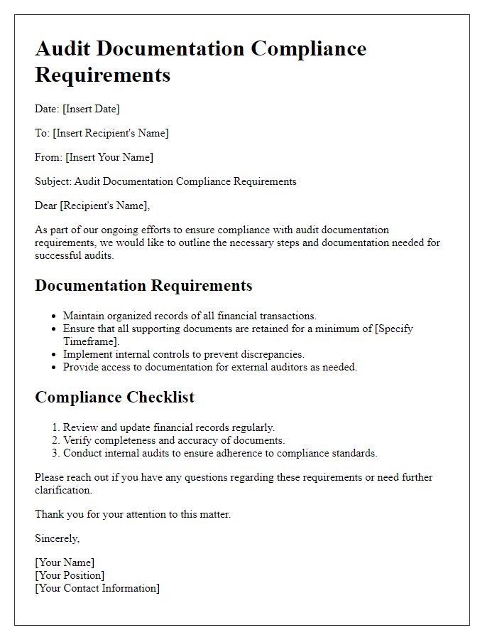 Letter template of audit documentation compliance requirements