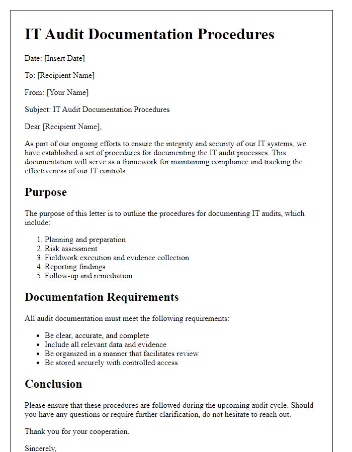 Letter template of IT audit documentation procedures