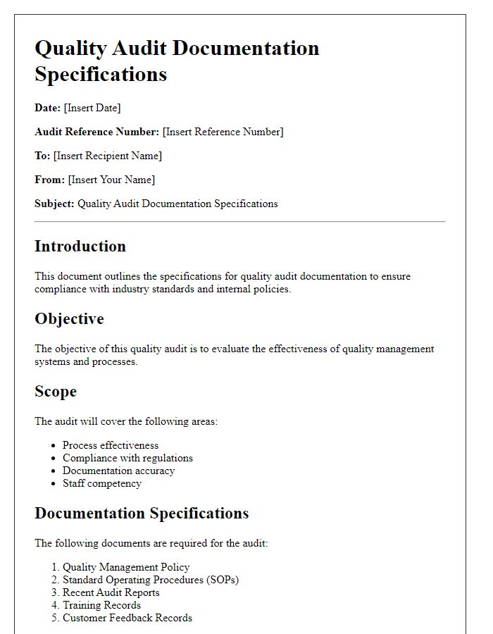 Letter template of quality audit documentation specifications