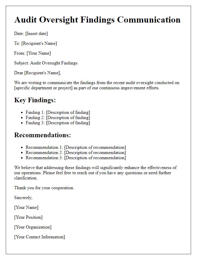 Letter template of audit oversight findings communication