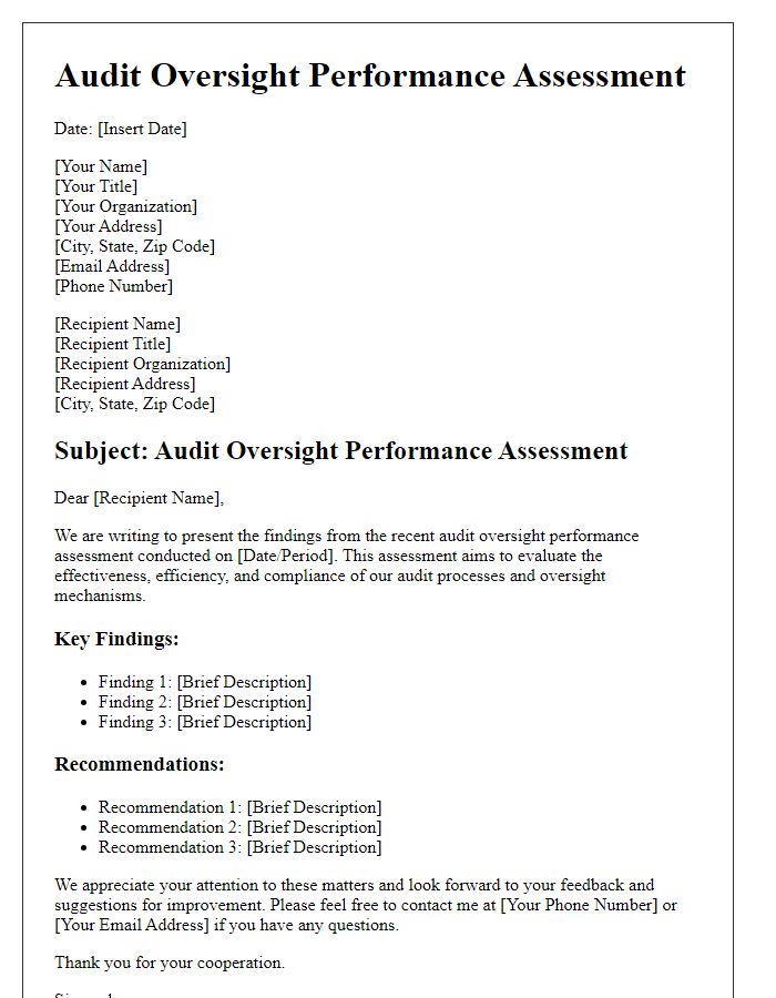 Letter template of audit oversight performance assessment