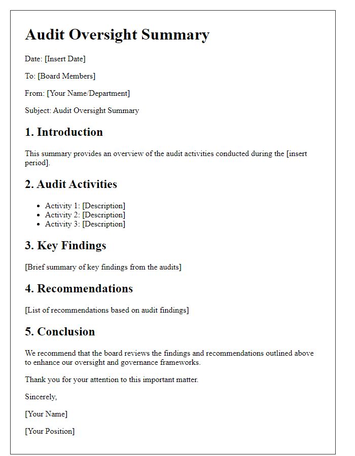 Letter template of audit oversight summary for the board