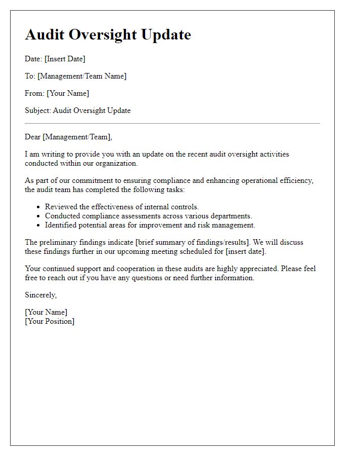 Letter template of audit oversight update for management