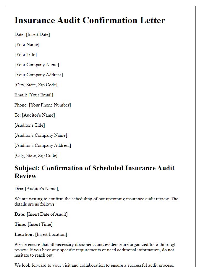 Letter template of insurance audit confirmation for scheduled review.