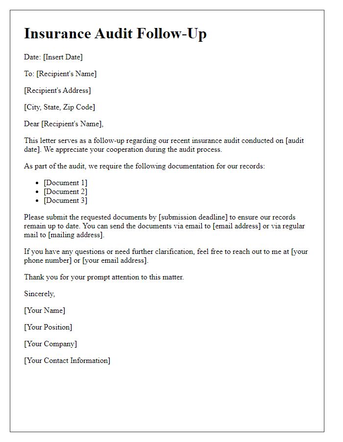 Letter template of insurance audit follow-up for documentation submission.