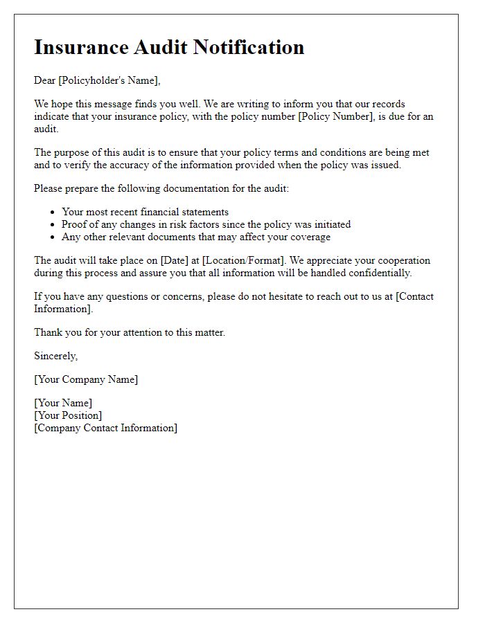 Letter template of insurance audit notification for policyholders.