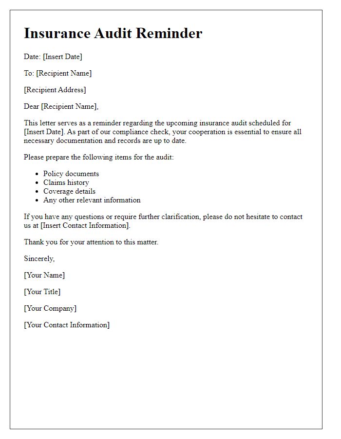 Letter template of insurance audit reminder for compliance check.