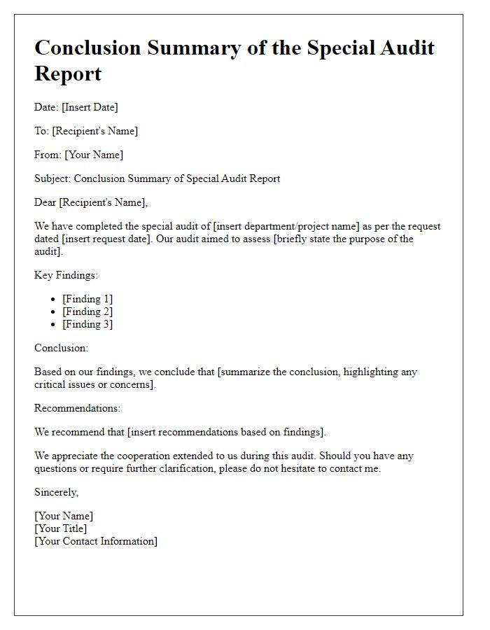 Letter template of conclusion summary for special audit report