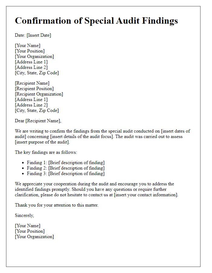 Letter template of confirmation for special audit findings