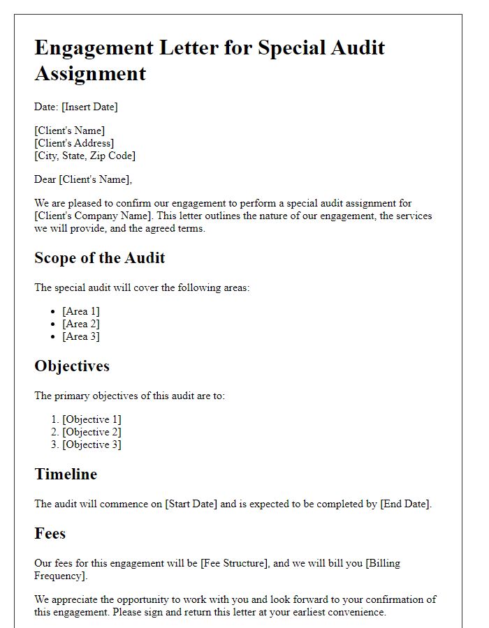 Letter template of engagement for special audit assignment