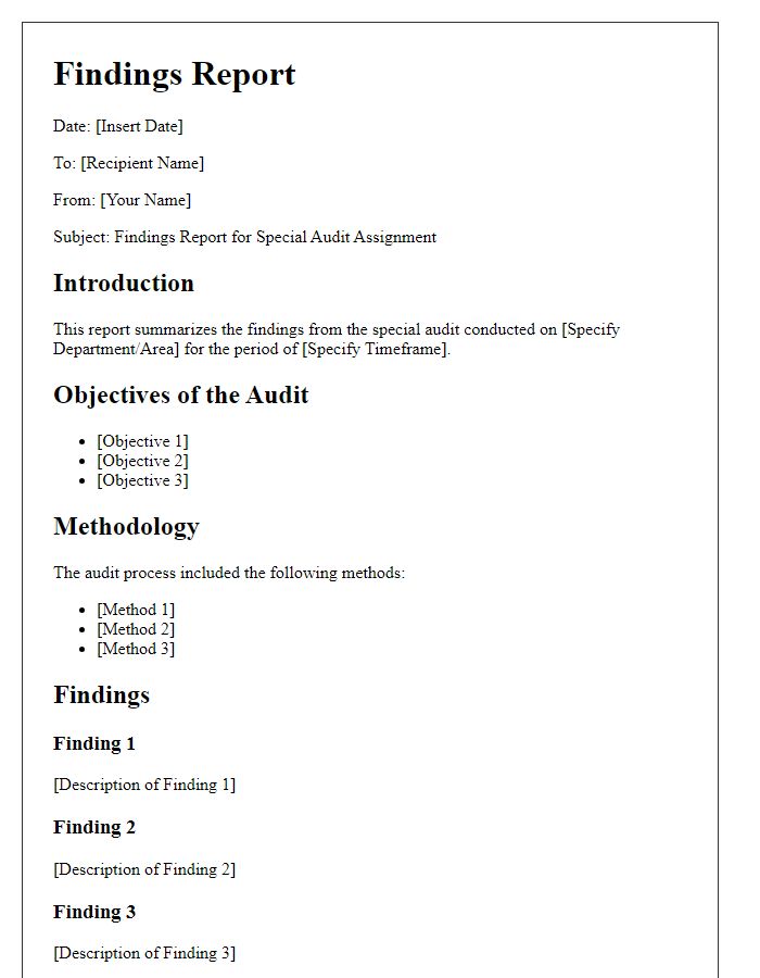 Letter template of findings report for special audit assignment