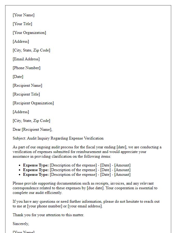 Letter template of audit inquiry concerning expense verification