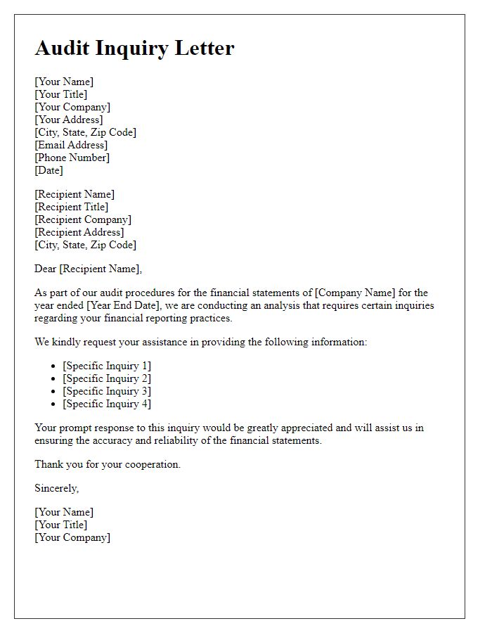 Letter template of audit inquiry for financial statement analysis