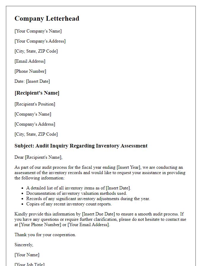 Letter template of audit inquiry for inventory assessment