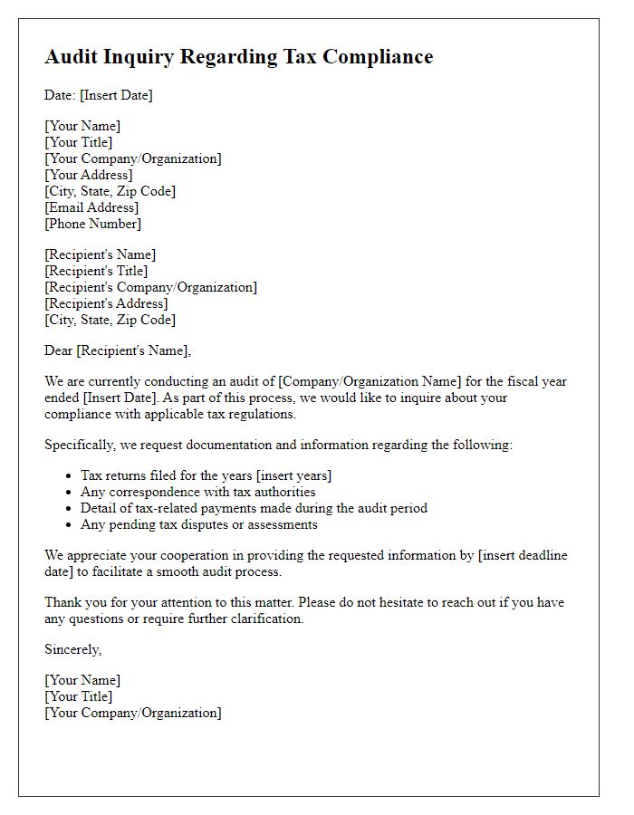 Letter template of audit inquiry regarding tax compliance