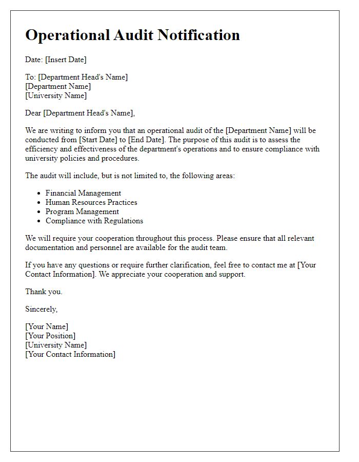 Letter template of operational audit for university departments