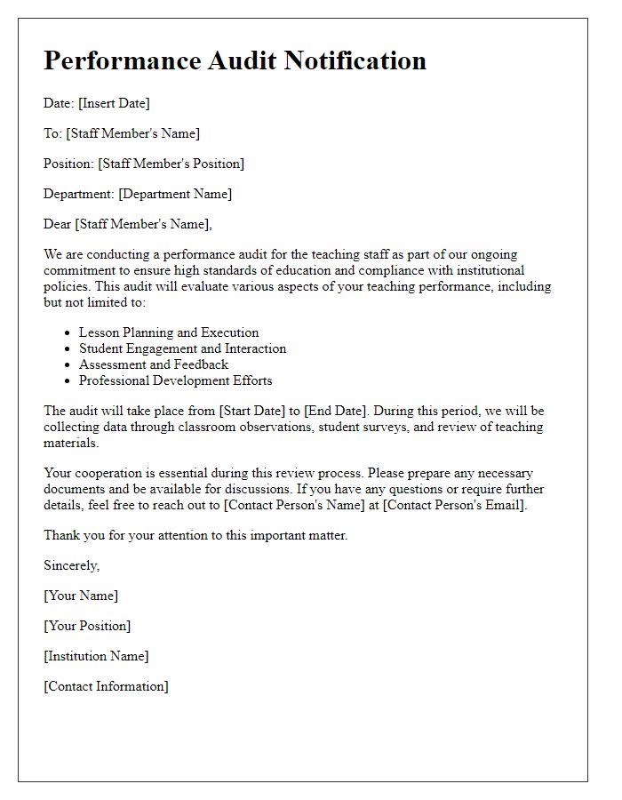 Letter template of performance audit for teaching staff