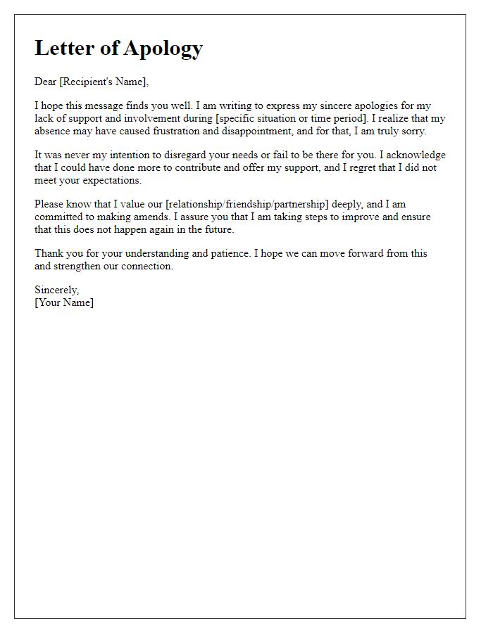 Letter template of sincere apology for lack of support.